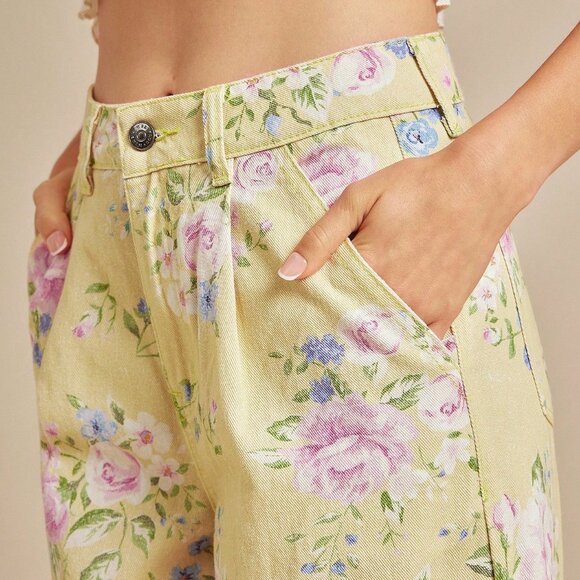 Boho Yellow Women's Floral High Rise Wide Leg Cuffed Jeans - Picture 5 of 6